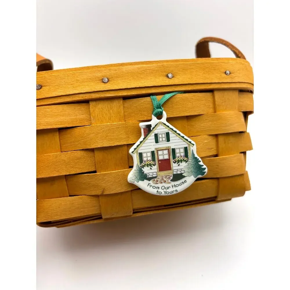 Longaberger '99 Trinket Basket Green Fabric Liner Leather Handles W/House Accent